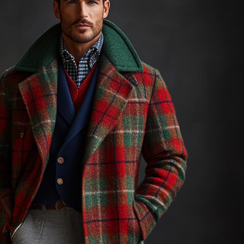 Men's Retro Christmas Plaid Colorblock Lapel Mid-Length Coat 9261102694584