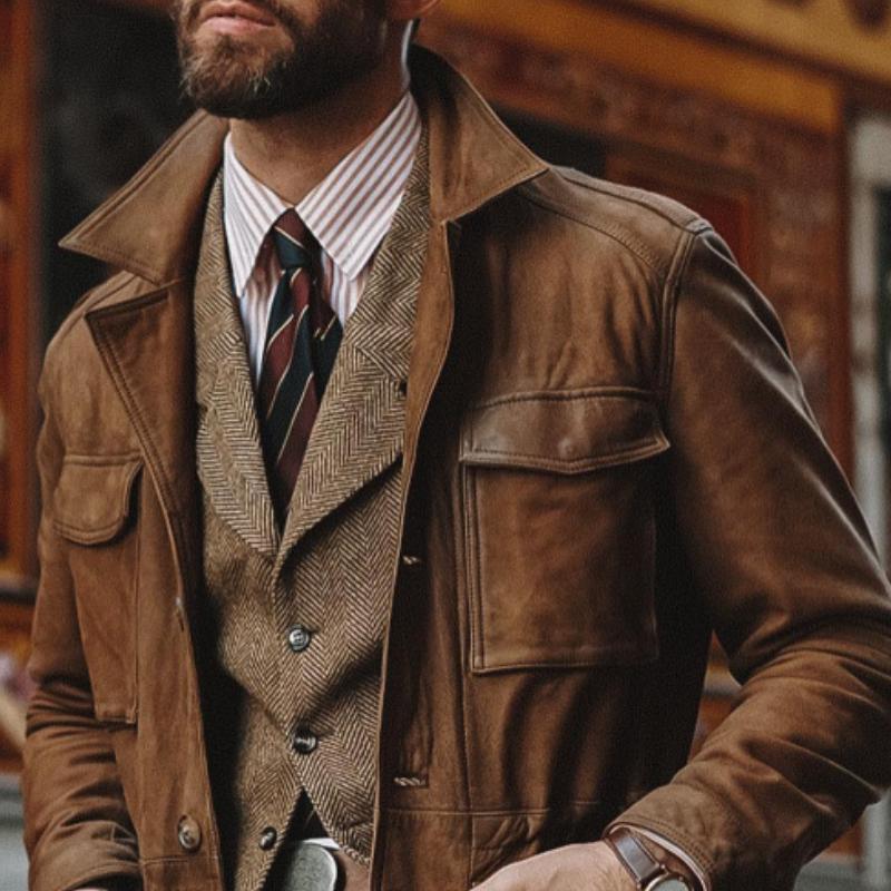 Men's Classic Vintage Lapel Multi-Pocket Suede Jacket 9878729064632
