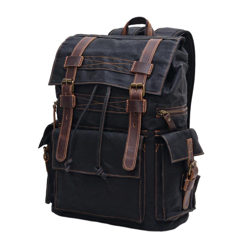 Men's Vintage Beeswax Canvas Outdoor Leather Multi-Pocket Backpack 9262190395576