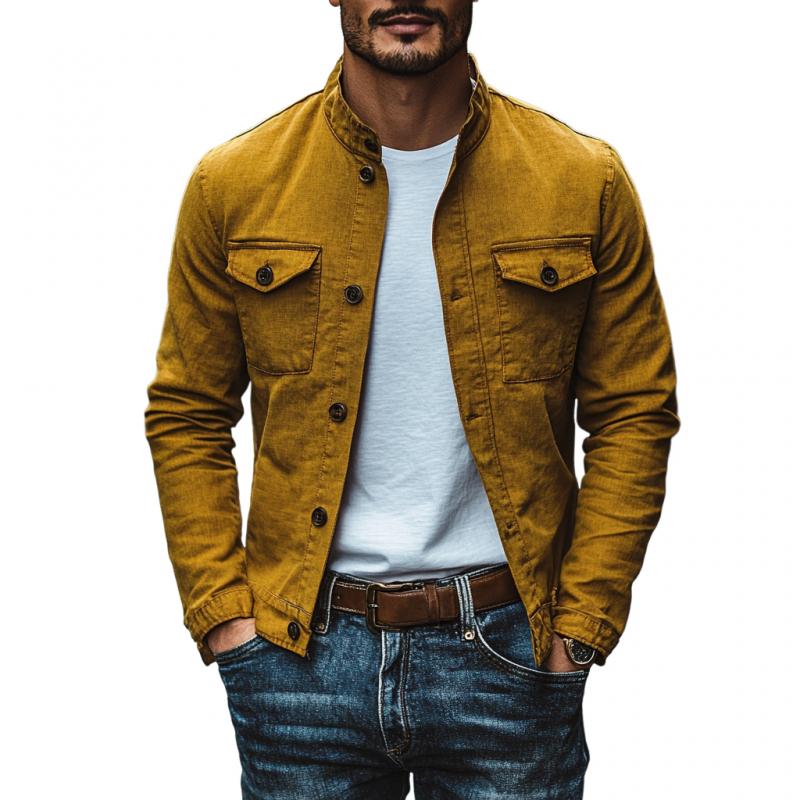 Men's Casual Cotton Linen Stand Collar Slim Fit Long Sleeve Shirt 9883352826040