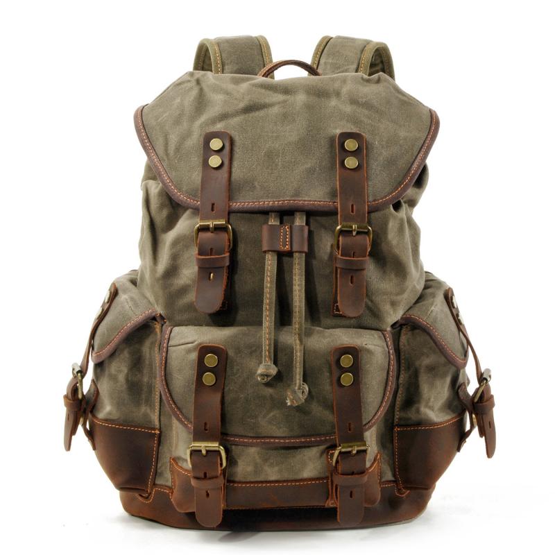 Men's Vintage Outdoor Canvas Stitching Leather Multi-Pocket Backpack 9262190624952