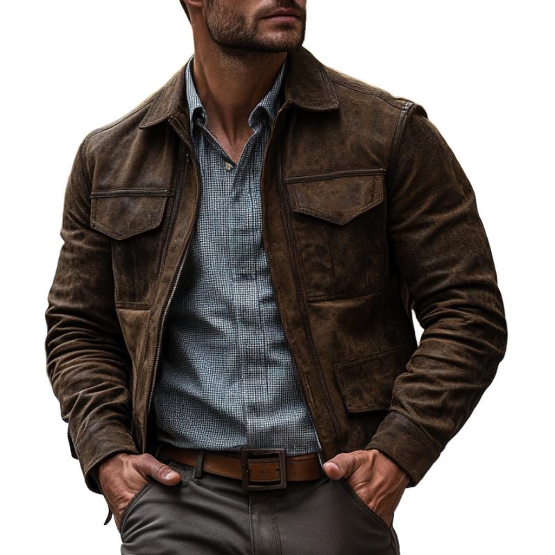 Herren Lederjacke mit klassischem Revers und mehreren Taschen 9269592162488