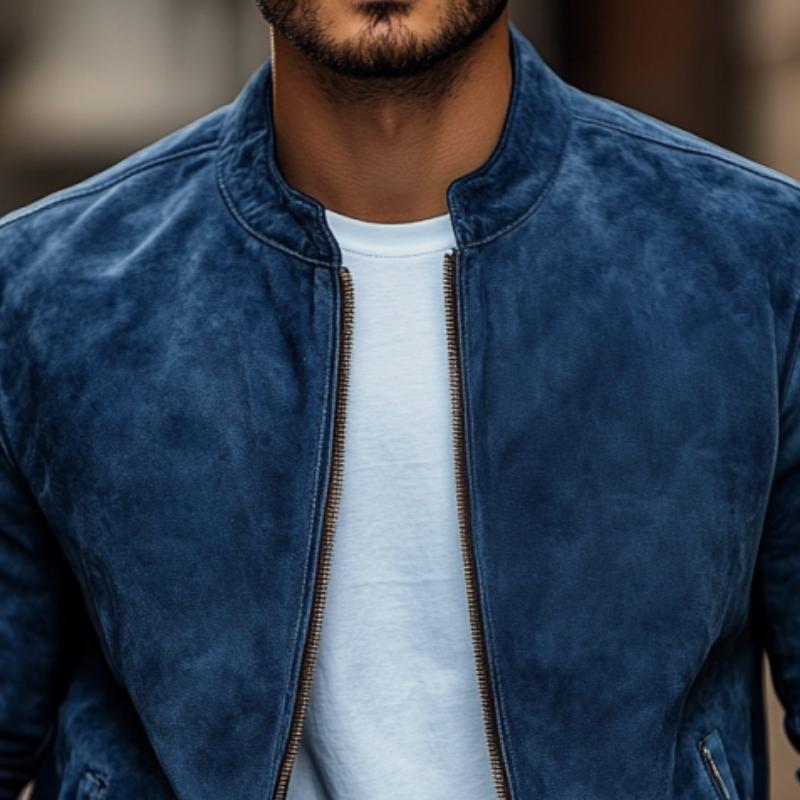 Men's Casual Fashion Stand Collar Zipper Suede Jacket 9888007422136