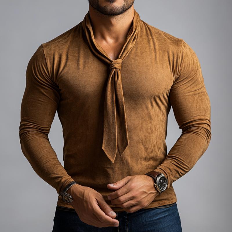 Men's Classic Casual V-Neck Shapeable Bow Tie Suede Long Sleeve T-Shirt 9886820171960