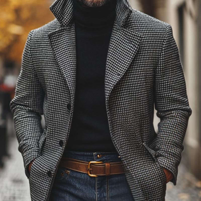 Men's Classic Houndstooth Notch Lapel Single Breasted Mid-Length Coat 9261104070840
