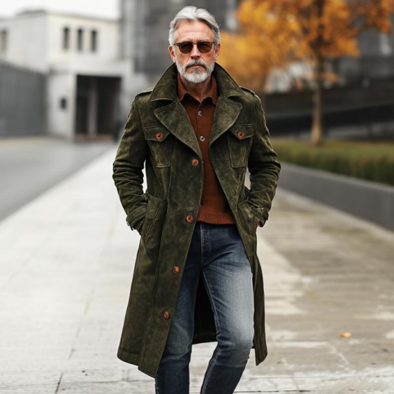Men's Vintage Suede Lapel Multi-Pocket Trench Coat 9261103841464