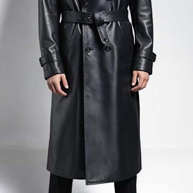 Men's Vintage Classic Knee Length Double Breasted Leather Trench Coat 9271923146936