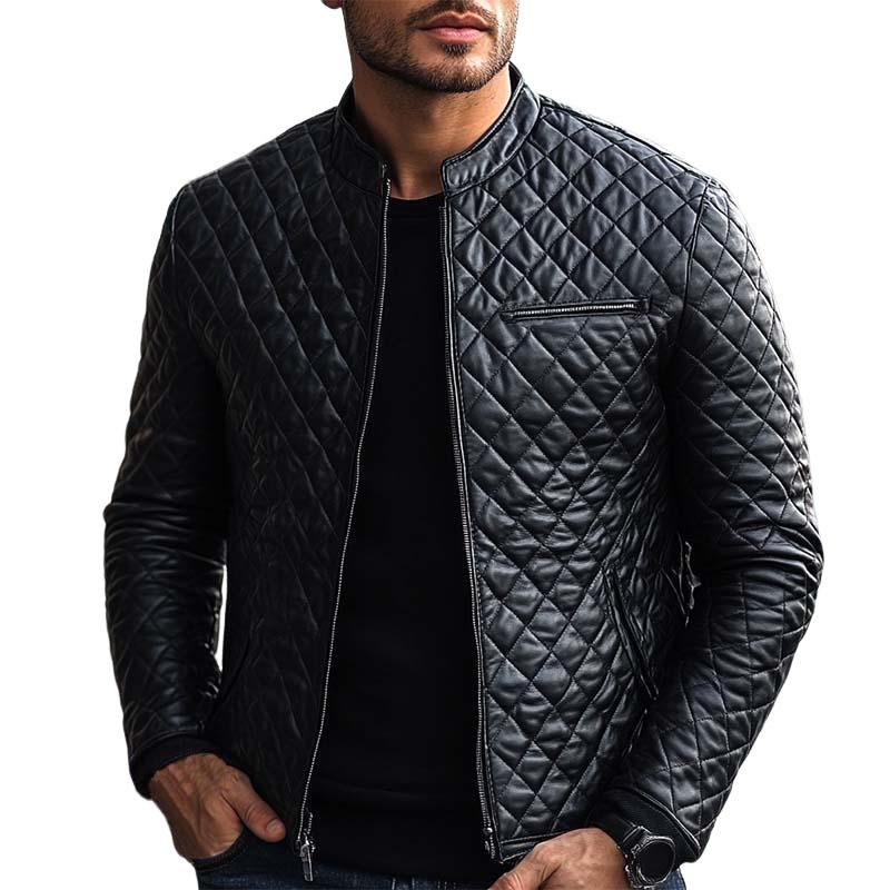 Men's Fashion Casual Diamond Quilted Slim Fit Leather Jacket 9877642117304