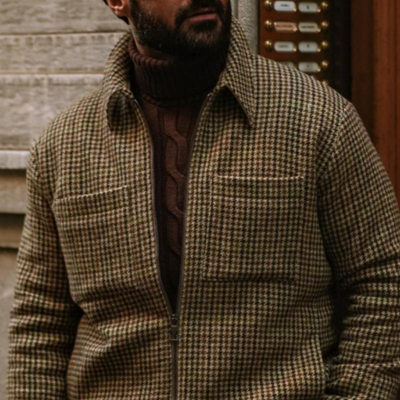 Men's Classic Vintage Zipper Multi-Pocket Houndstooth Jacket 9274150453432