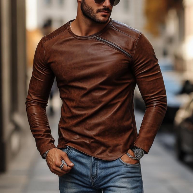 Men's Casual Fashionable Round Collar Slim Fit Leather Long Sleeve T-shirt 9885322346680