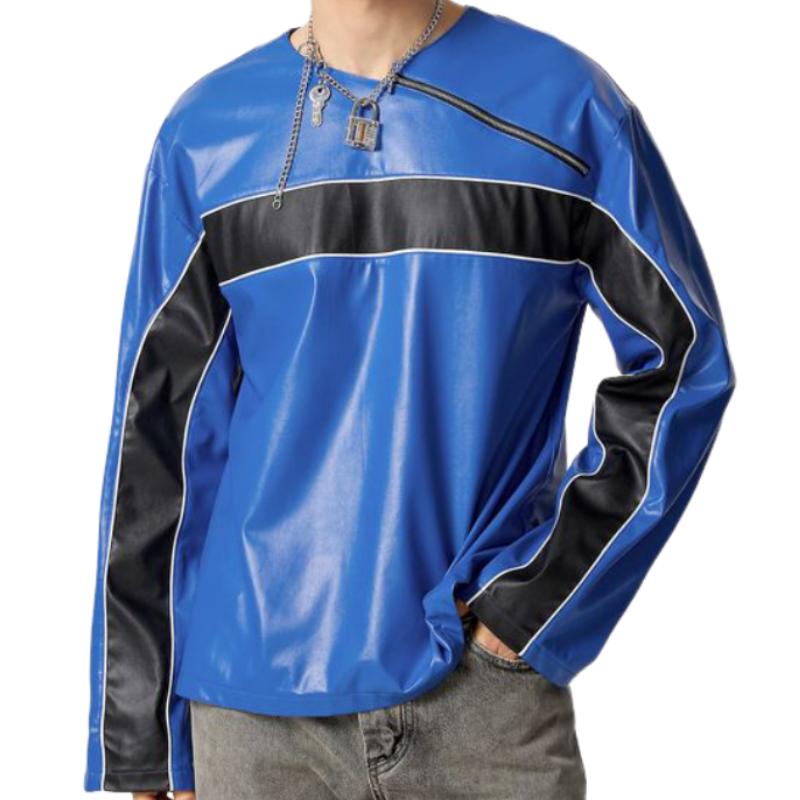 Men's Casual Loose Crew Neck Leather Sweatshirt 9887361892536