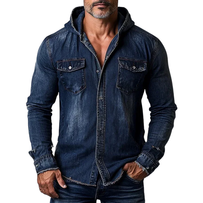 Men's Fashion  Sanding Distressed Hooded Chest Pocket Denim Shirt 9901319618744