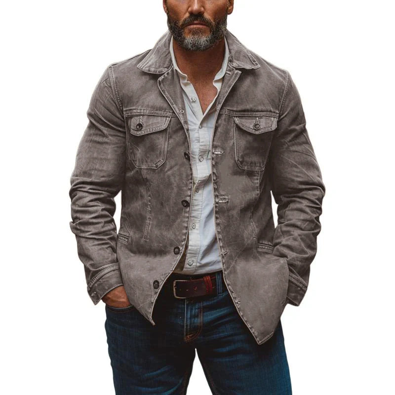 Men's Vintage Heavy Washed Leather Lapel Single Breasted Multi-Pocket Work Jacket 9261077692600