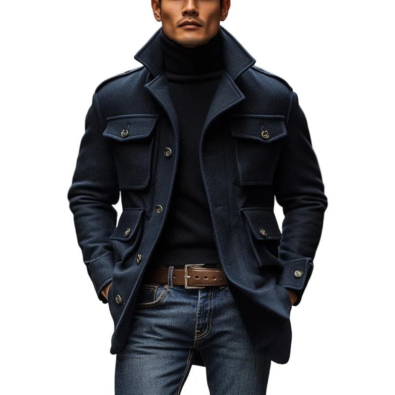 Men's Vintage Wool Blended Lapel 3D Pocket Single Breasted Slim Fit Coat 9261102989496