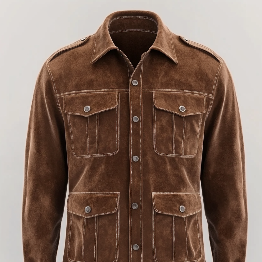 Men's Suede Single Breasted Flap Pocket Long Sleeve Safari Shirt 9913235407032