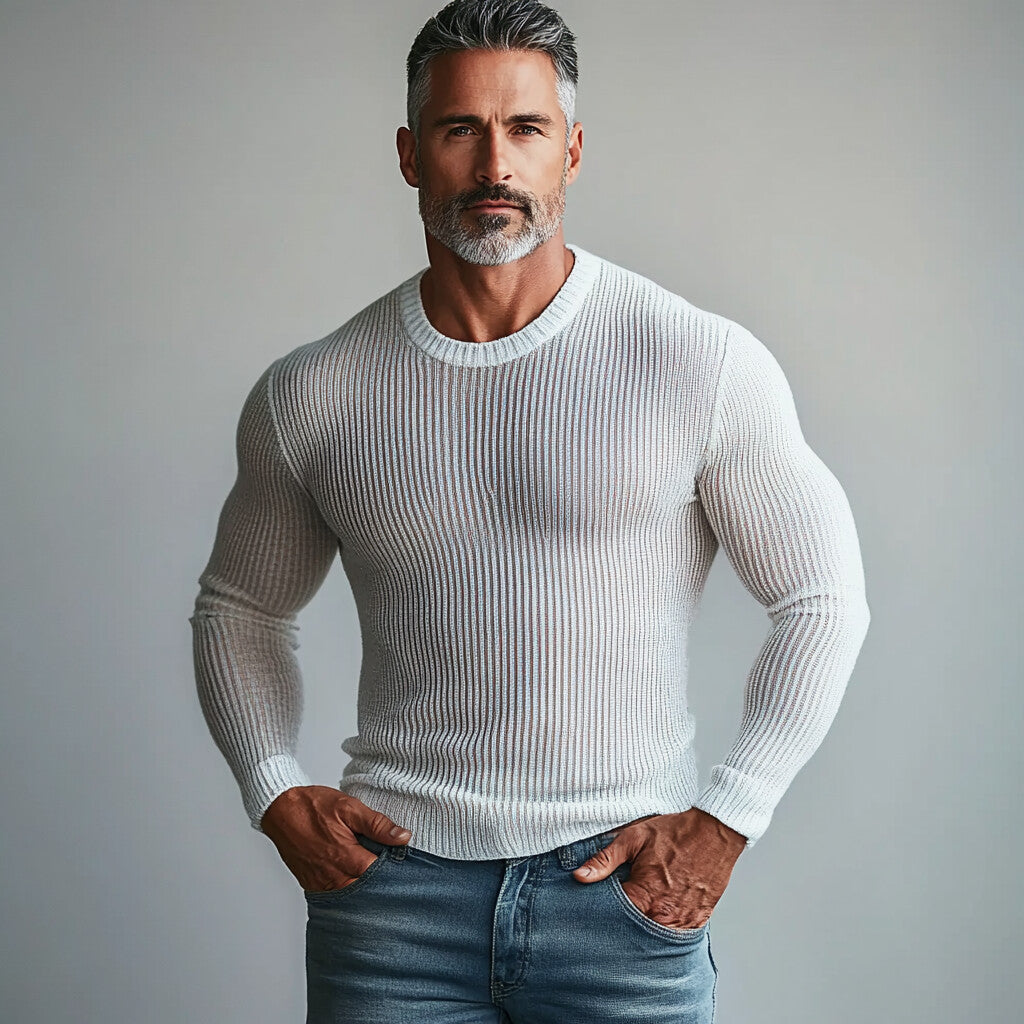 Men's Crew Neck See-Through Long Sleeve Ribbed Knit Top 9899608113336