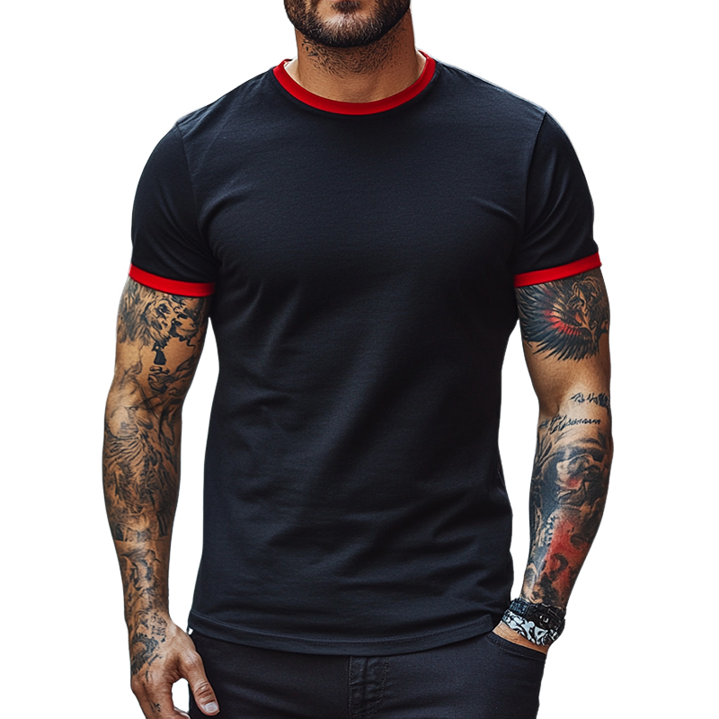 Men's Retro Casual Contrast Color Round Neck Short Sleeve T-Shirt 9903253094584