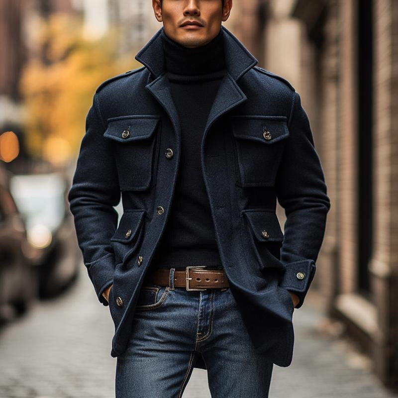 Men's Vintage Wool Blended Lapel 3D Pocket Single Breasted Slim Fit Coat 9261102989496