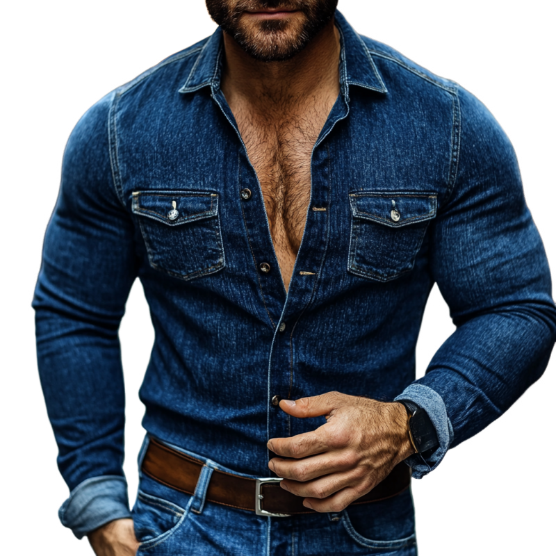 Men's Fashion Vintage Lapel Long-Sleeved Denim Shirt 9892052762808
