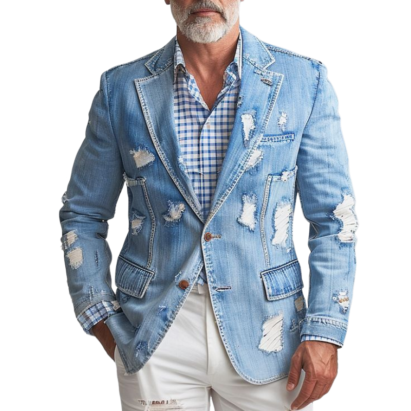 Men's Fashion Retro Casual Washed Denim Ripped Single Breasted Blazer 9918991073464