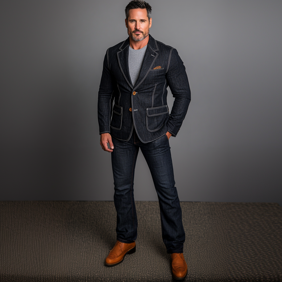 Men's Denim Notched Lapel Two Button Flap Pocket Top Stitch Blazer 9899608342712
