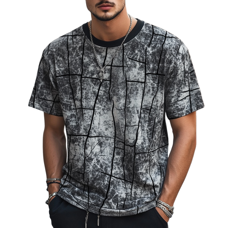 Men's Casual Loose Retro Print Round Neck Short Sleeve T-shirt 9905396089016