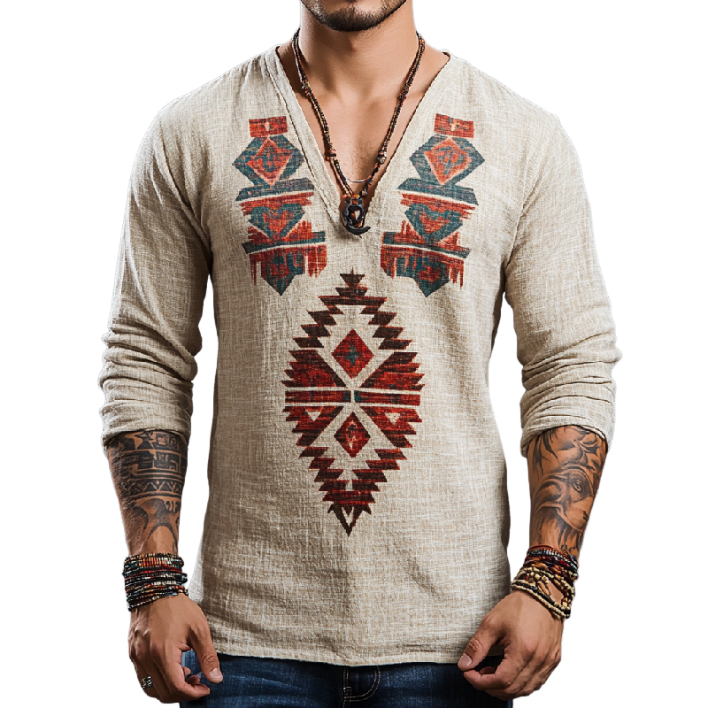 Men's Casual V-neck Cotton and Linen Printed Long Sleeve T-shirt 9902007910584