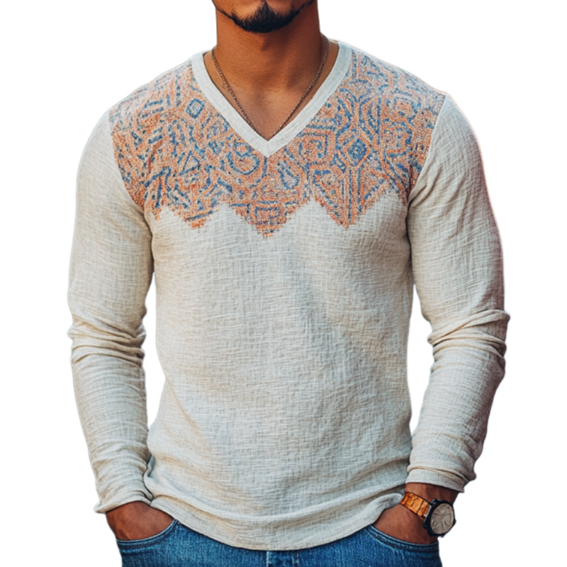 Men's Vintage Casual Cotton Blended Digital Printed V-Neck Long Sleeve T-Shirt 9911546740920