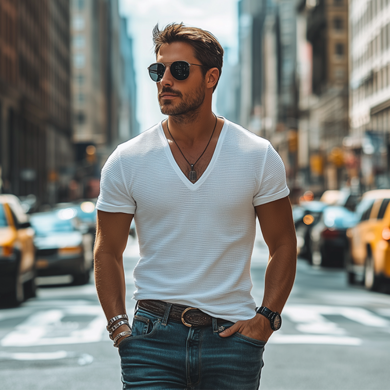 Men's Classic Casual Slim Fit Waffle Deep V Neck T-Shirt 9907265241272