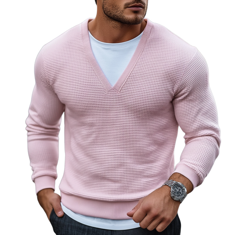Men's Casual Round Neck Slim Fit Fake Two-piece Waffle Long-sleeved T-shirt 9906106826936