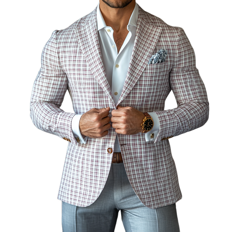 Men's Fashion Spring Summer Checked Notch Lapel Two Buttons Blazer 9909012431032