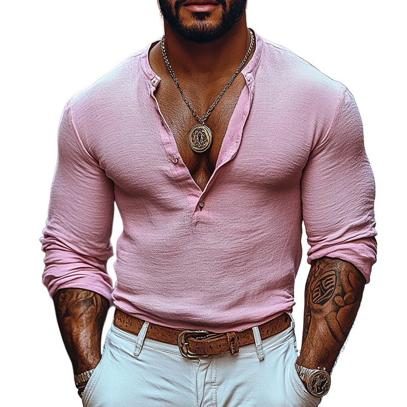 Men's Solid Color Henley Collar Long Sleeve Casual T-shirt 9903260303544