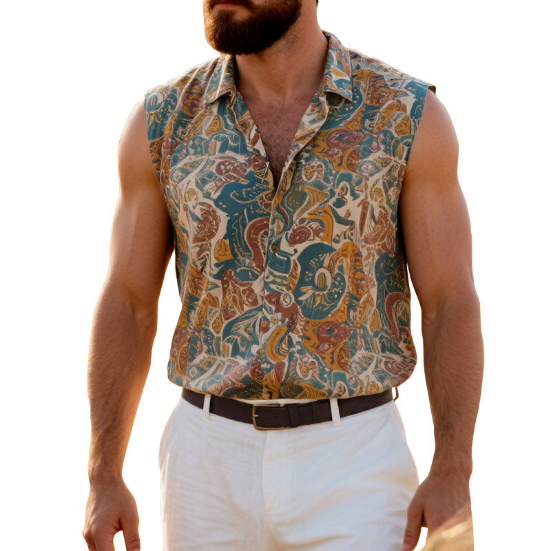 Men's Vintage Printed Sleeveless Lapel Shirt 250600957