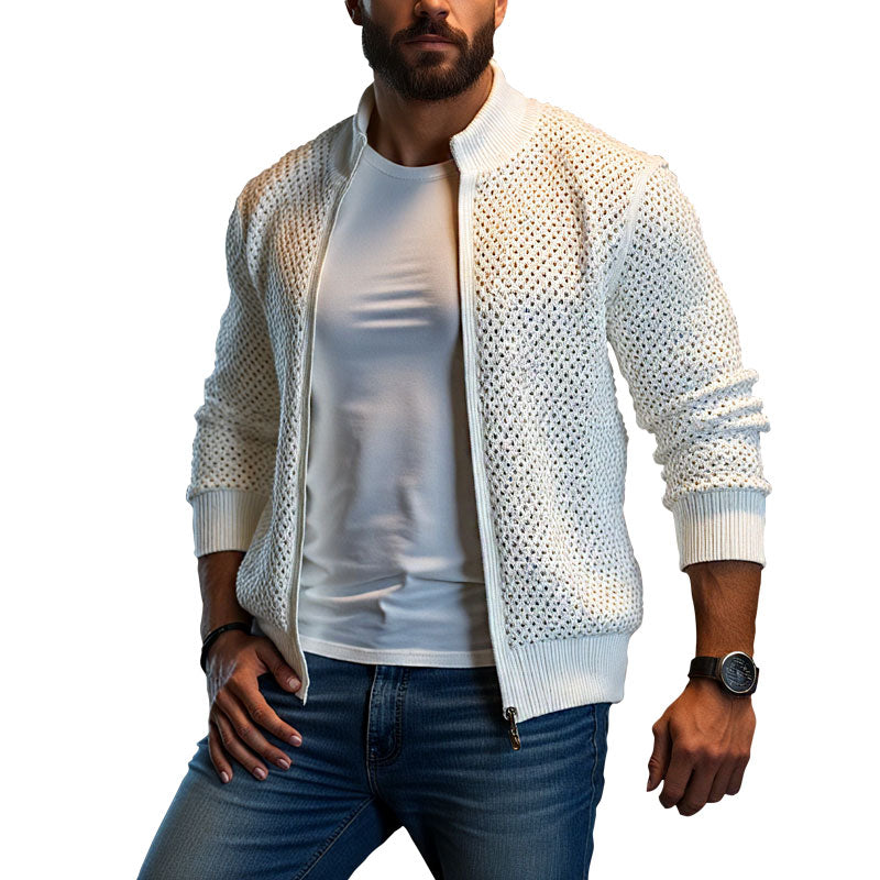 Men's Stand Collar Long Sleeve Hollow Out Knitted Zip Up Jacket 9899606081720