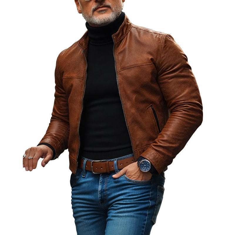 Men's Vintage Leather Stand Collar Zip-Up Slim Fit Jacket 9269592195256