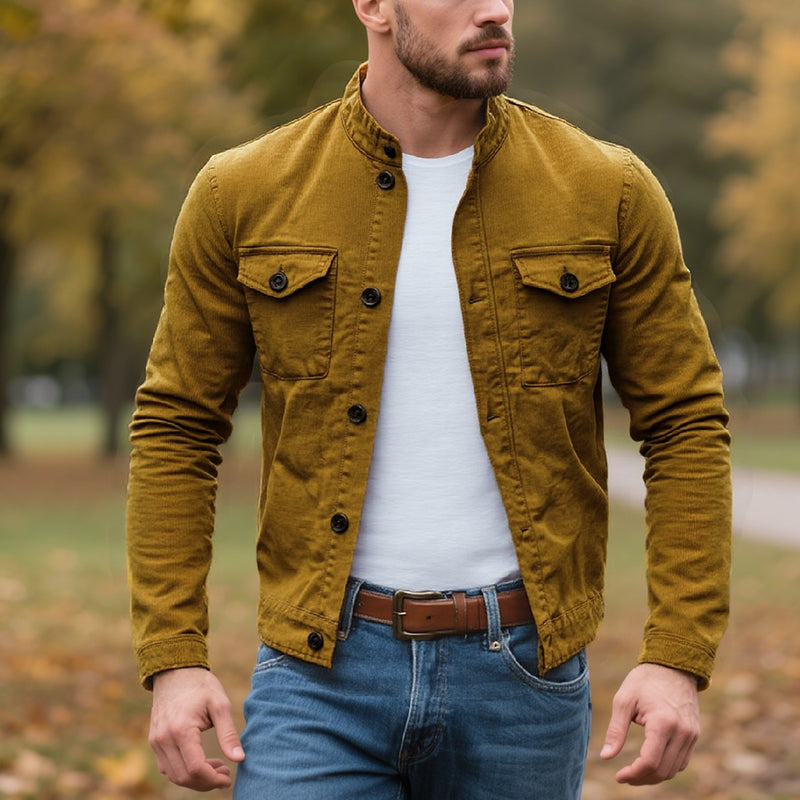 Men's Casual Cotton Linen Stand Collar Slim Fit Long Sleeve Shirt 9883352826040