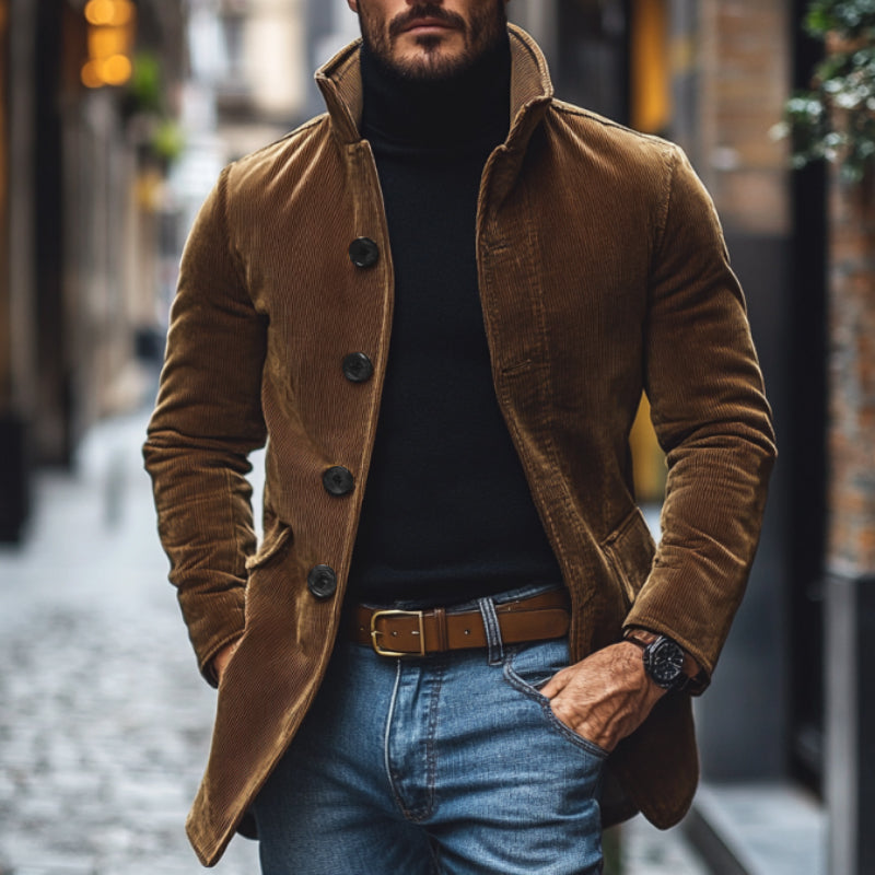 Men's Vintage Corduroy Lapel Single Breasted Slim Short Coat 9261102170296