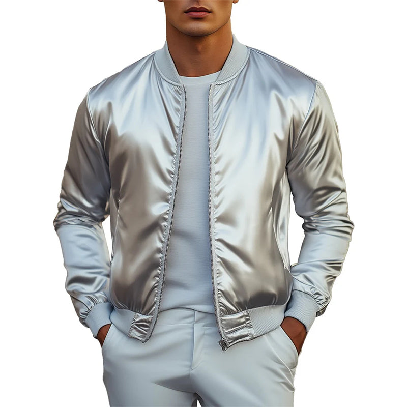 Stylish Silver Satin Bomber Jacket 9904641147064