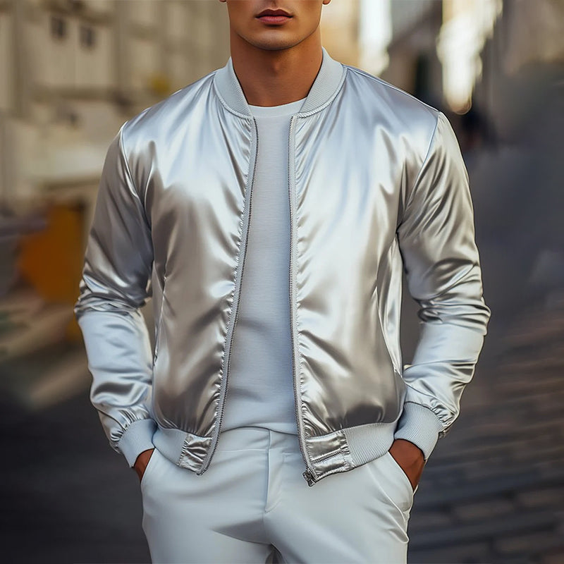 Stylish Silver Satin Bomber Jacket 9904641147064