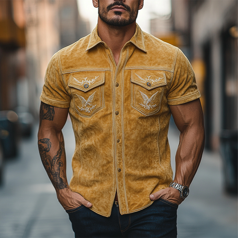 Men's Classic Retro Western Embroidered Slim Fit Suede Short Sleeve Shirt 9903595159736