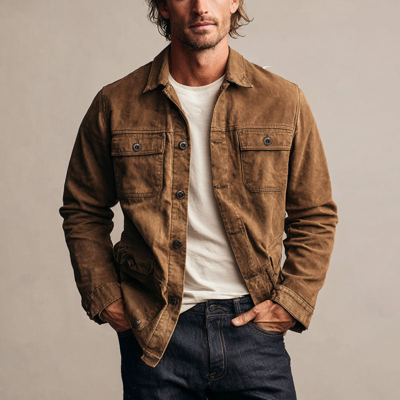 Men's Long Sleeve Spread Collar Washed Denim Jacket 250700557