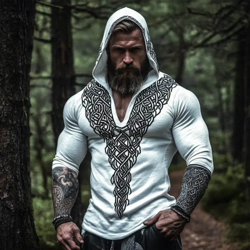 Men's Retro Casual Viking Totem Print Hooded Long Sleeve T-shirt 9901325680824