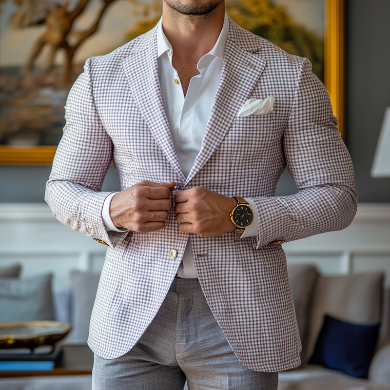 Men's Fashion Spring Summer Checked Notch Lapel Two Buttons Blazer 9909012103352