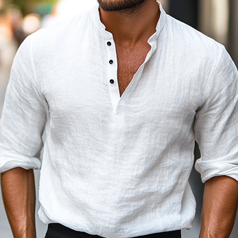 Men's Casual Solid Color Skin-friendly Cotton and Linen Long-sleeved T-shirt 9892385849528