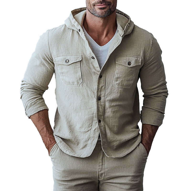 Men's Casual Chest Pocket Single Breasted Long Sleeve Hooded Shirt 9903587819704
