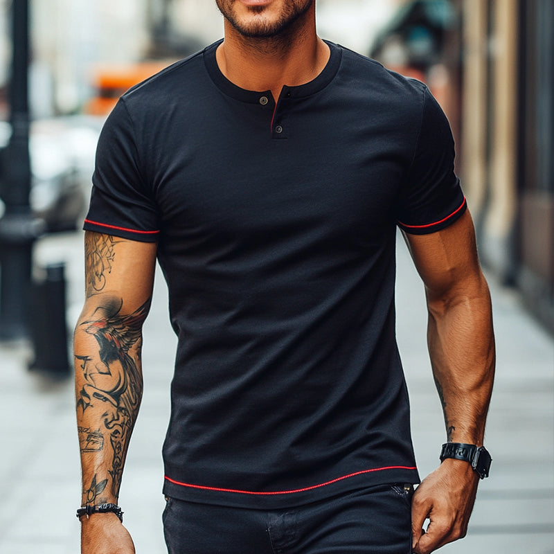 Men's Retro Casual Simple Street Henley Collar Short Sleeve T-Shirt 9903251325112