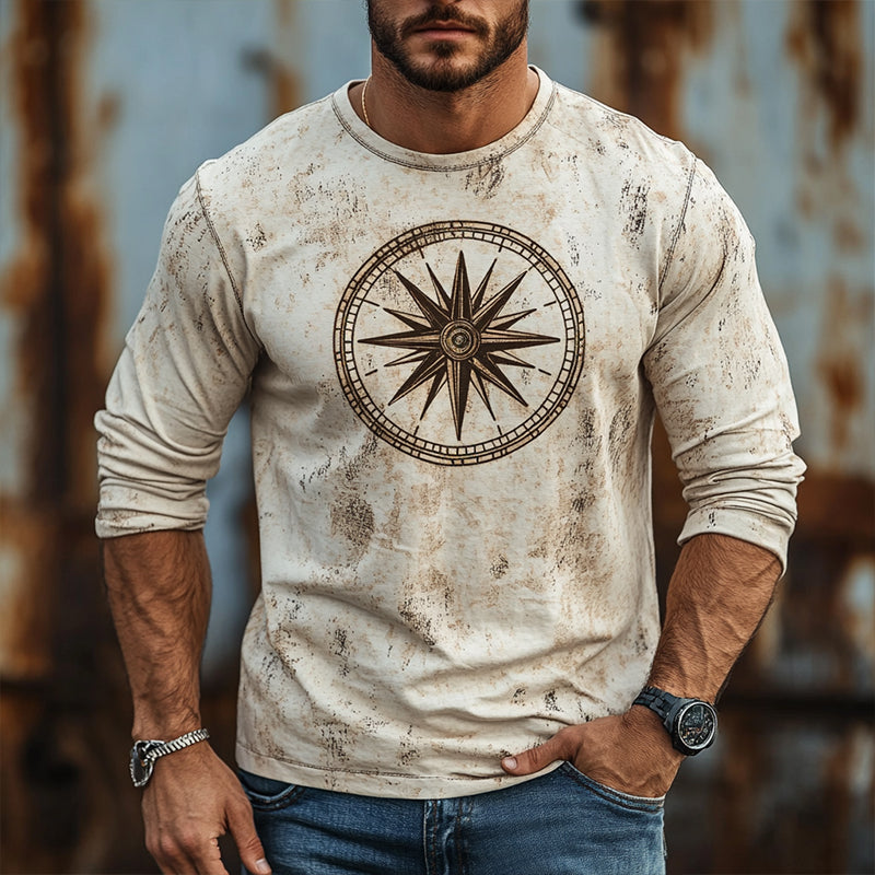 Men's Retro Casual Nautical Compass Printed Round Neck Long Sleeve T-Shirt 9911546183864