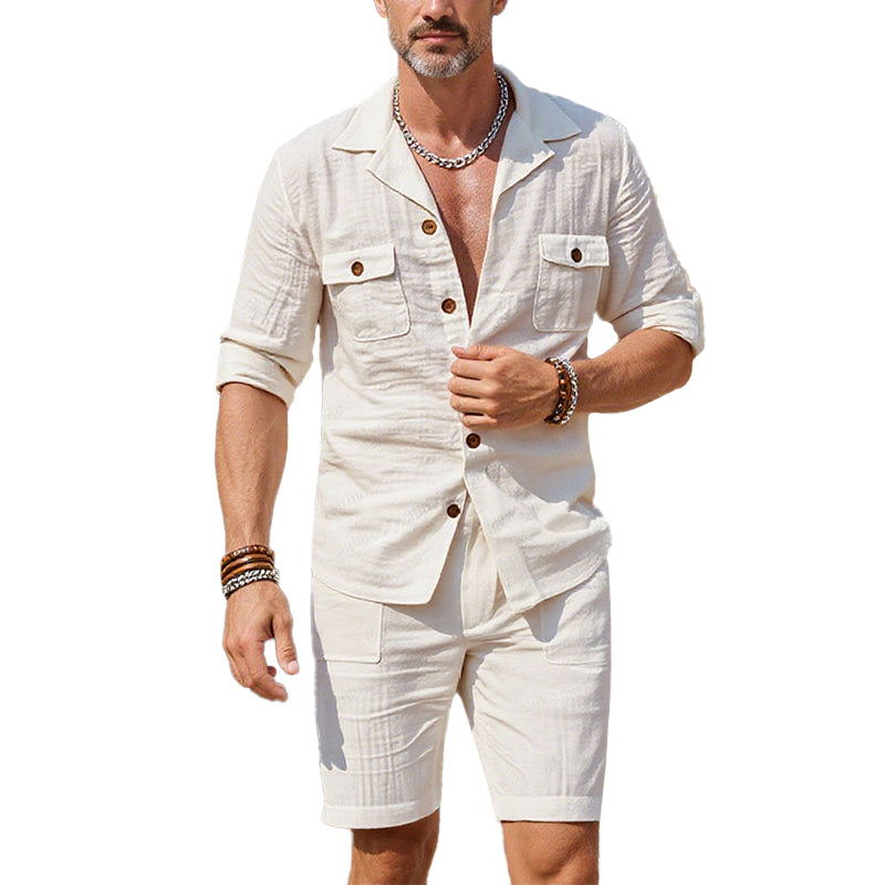 Men's Flap Pockets Button Closure Long Sleeve Linen Shirt and Shorts Set 250800466X