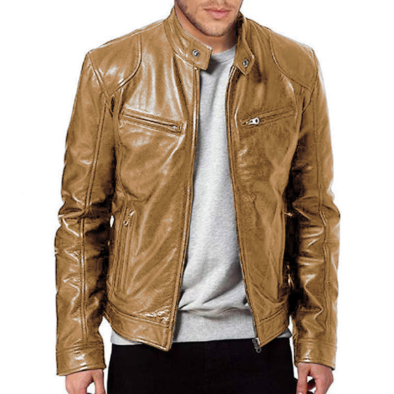 Men's Stand Collar Slim Fit Zip Pocket Leather Jacket 9261077856440