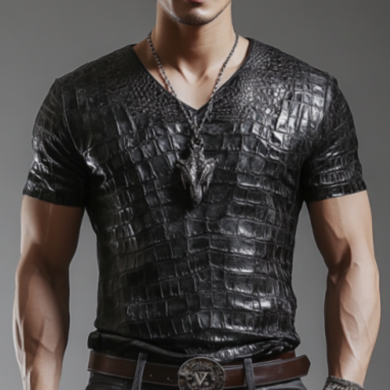 Men's Retro Fashion Slim Fit V-Neck Textured Leather Short Sleeve T-Shirt 9899713822904